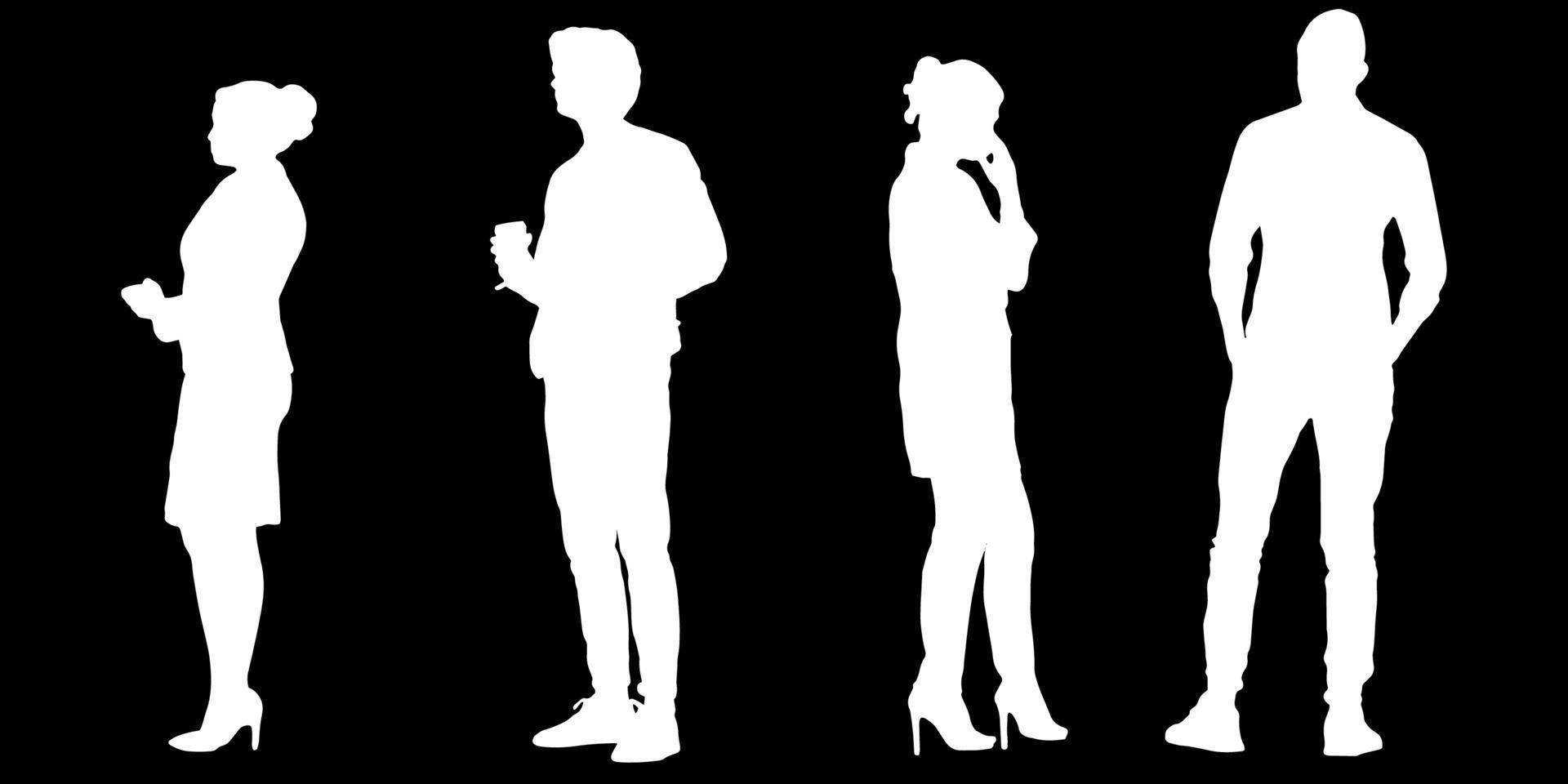 Set of silhouettes of men and a women, a group of standing   people white color isolated on black background vector