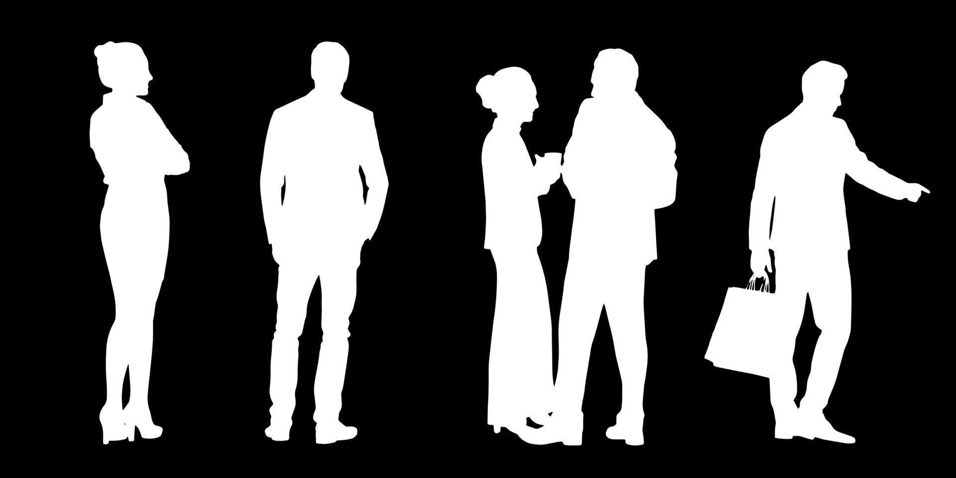 conjunto de siluetas de hombres y un mujer, un grupo de en pie personas blanco color aislado en negro antecedentes vector