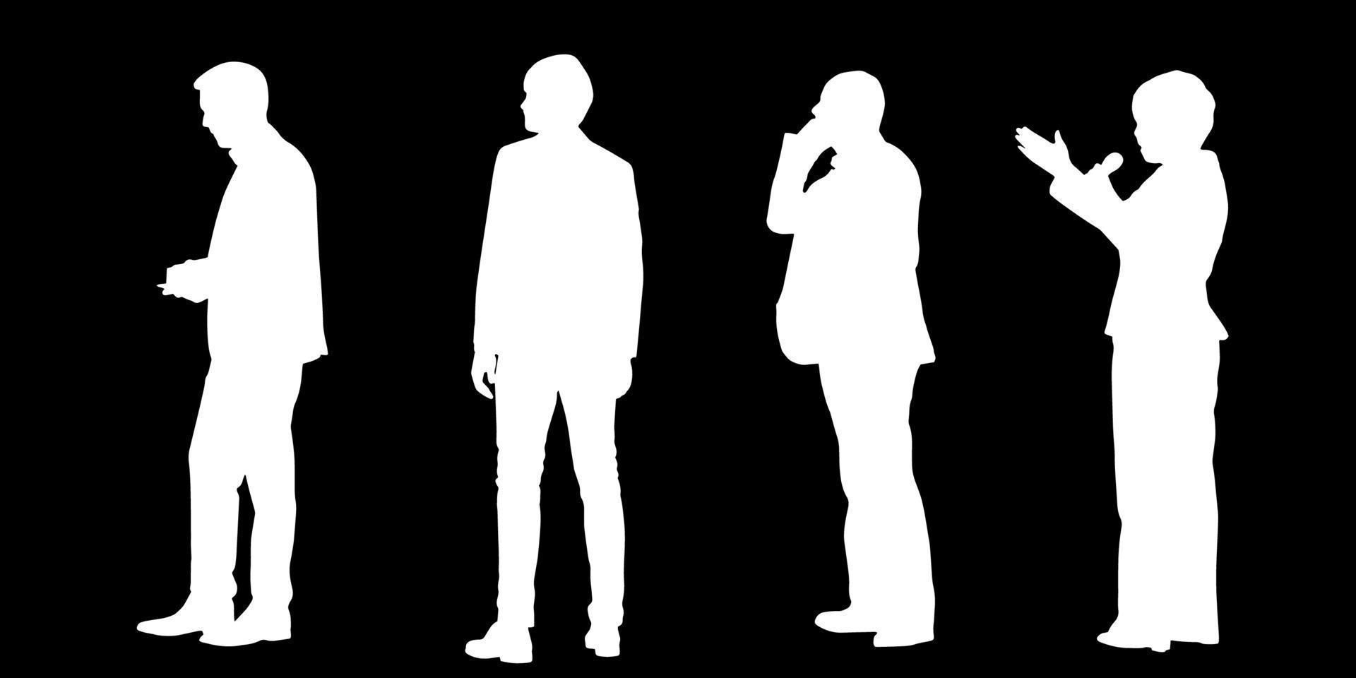 conjunto de siluetas de hombres y un mujer, un grupo de en pie personas blanco color aislado en negro antecedentes vector