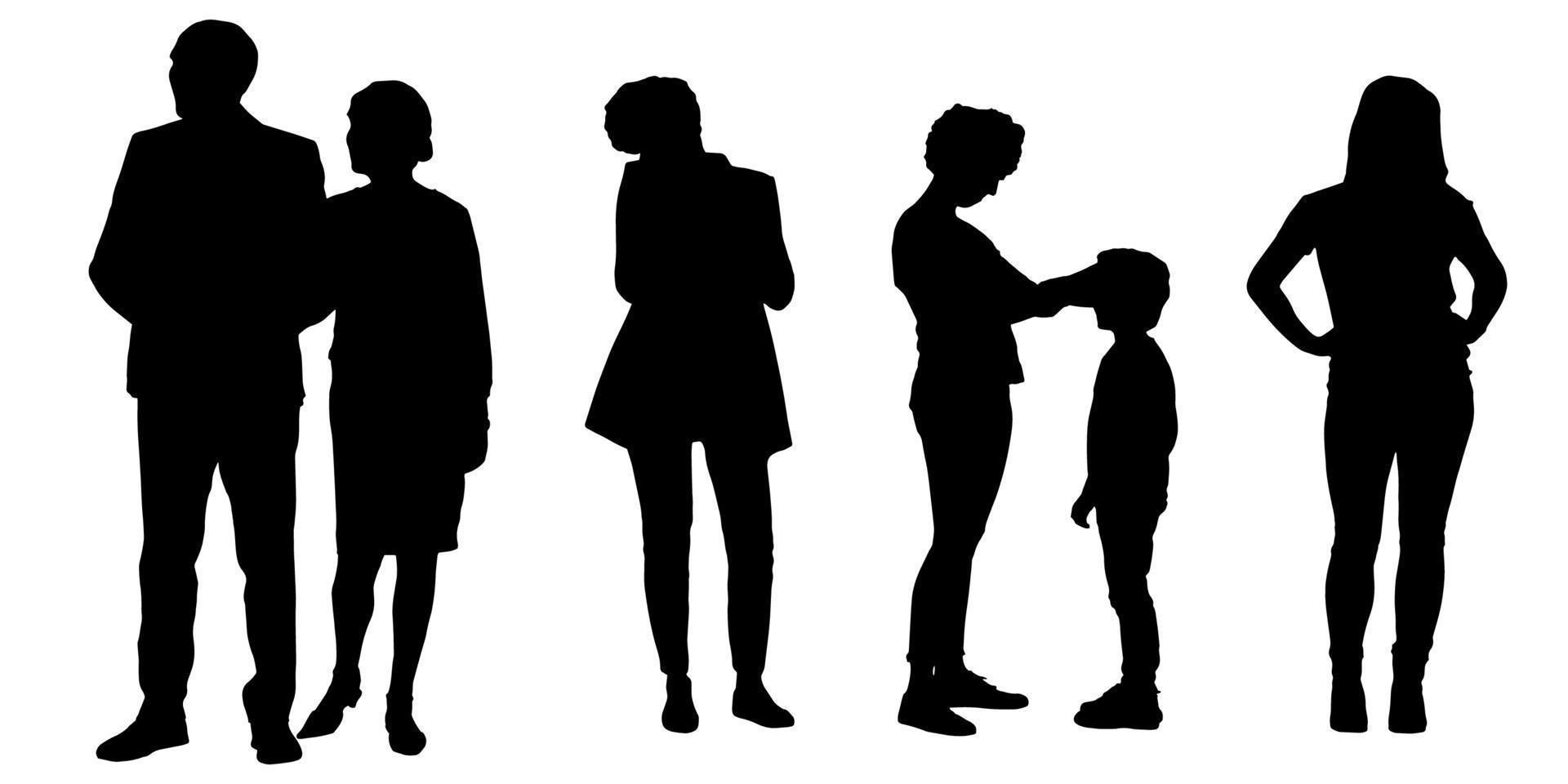 Set of silhouettes of men and a women, a group of standing   people black color isolated on white background vector