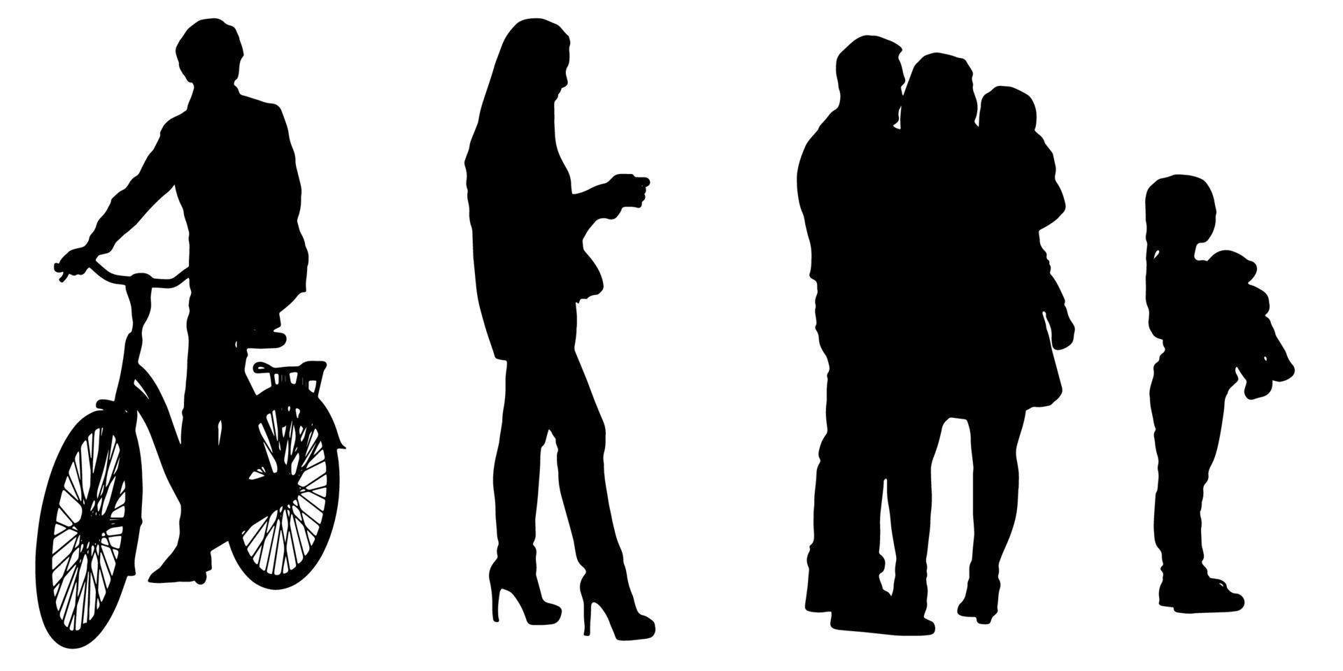 Set of silhouettes of men and a women, a group of standing   people black color isolated on white background vector