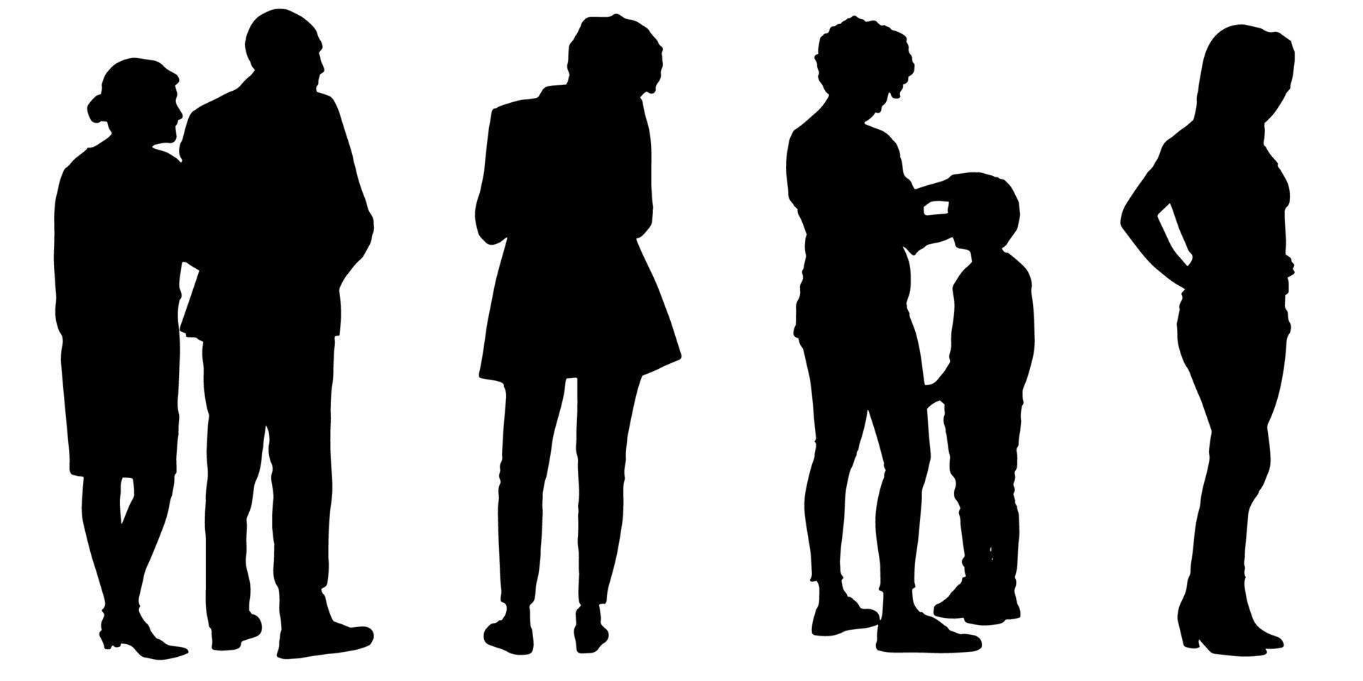 Set of silhouettes of men and a women, a group of standing   people black color isolated on white background vector