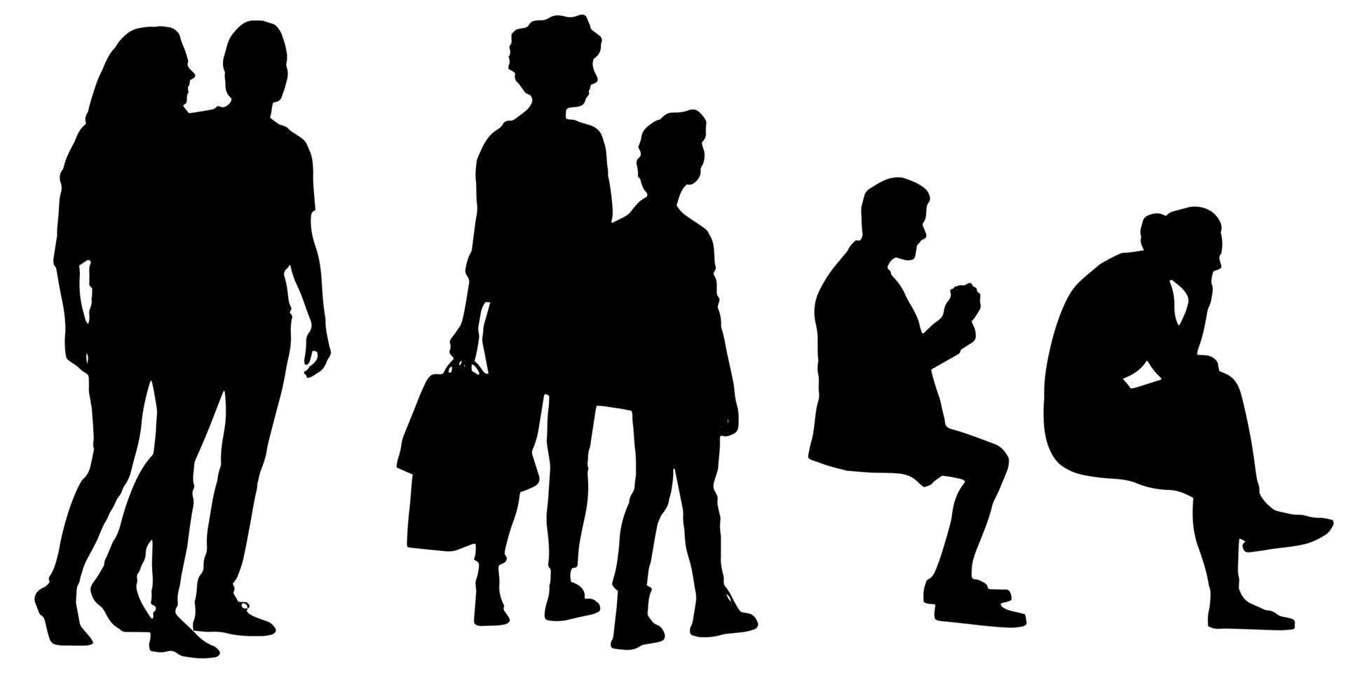 Set of silhouettes of men and a women, a group of standing   people black color isolated on white background vector