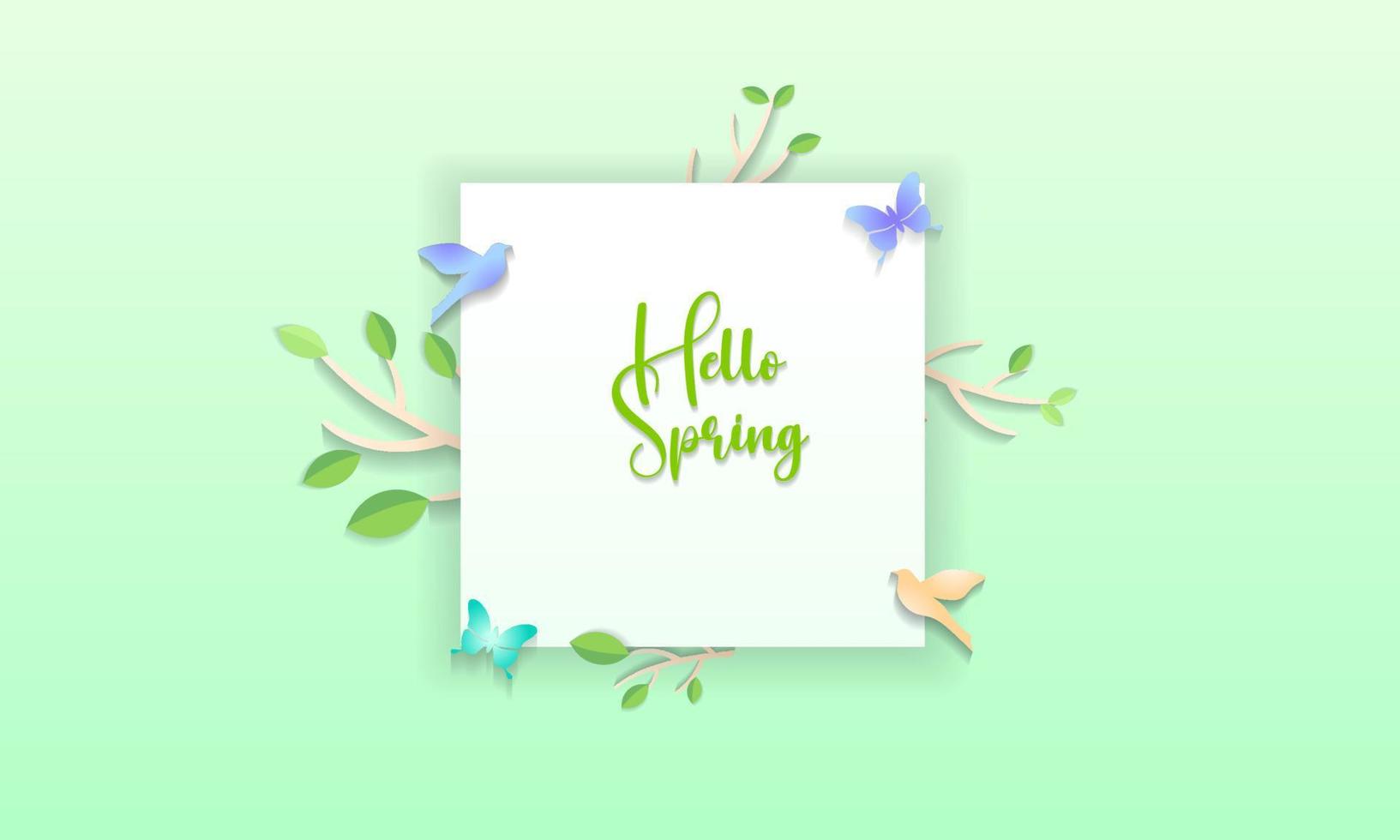 Hello spring label with spring birds and flowers on a soft pastel pink background. Hello spring simple cut paper style illustration design template vector