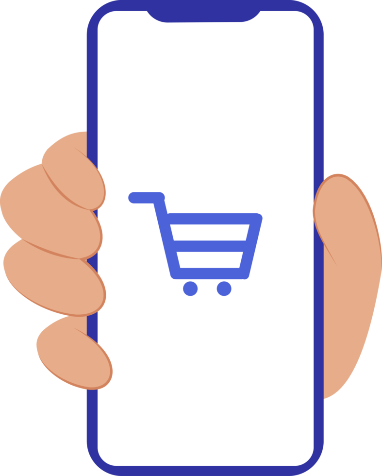 online shopping icon. hand icon showing mobile phone with shopping cart logo png