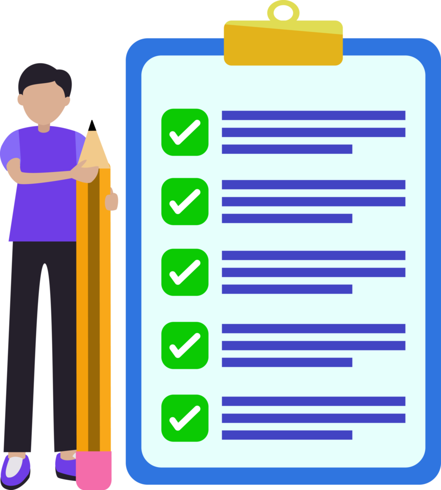 online form survey illustration. young man holding a pencil filling out a survey form png