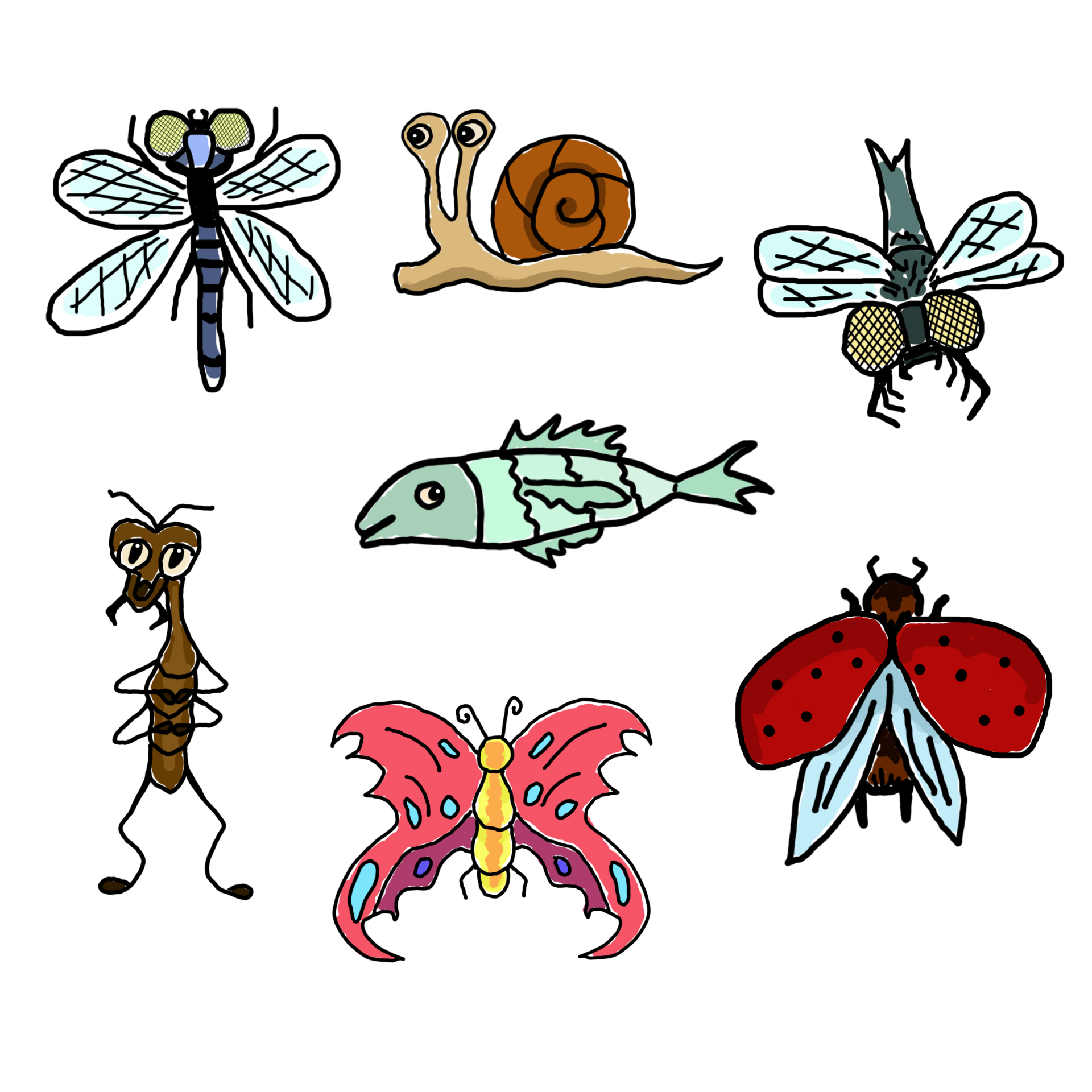 free-funny-bugs-and-fish-simple-illustration-set-hand-drawing-21179575