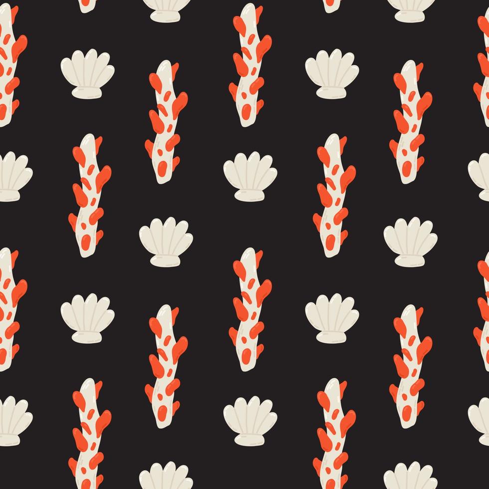 Summer marine pattern with cute corals and shells. Hand drawn flat cartoon elements. Vector illustration