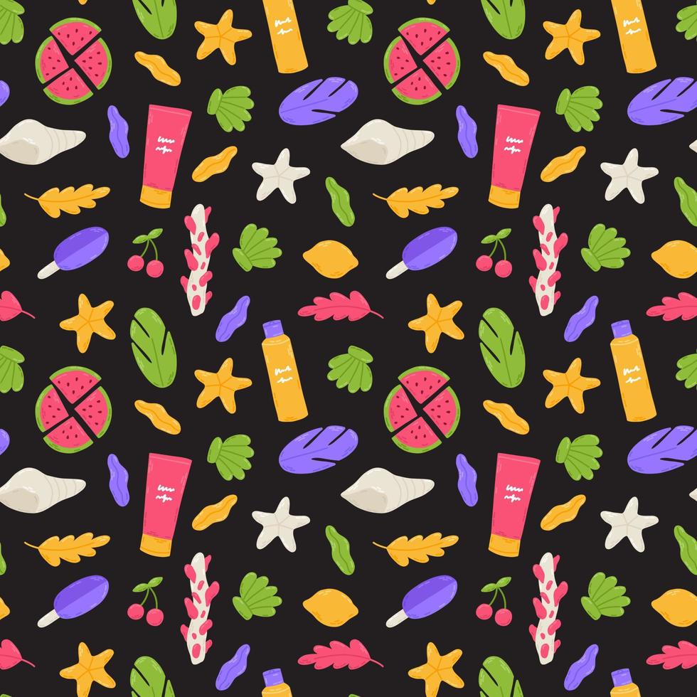 Summer beach pattern with cute watermelon, sunscreen, seashell and starfish. Hand drawn flat cartoon elements. Vector illustration