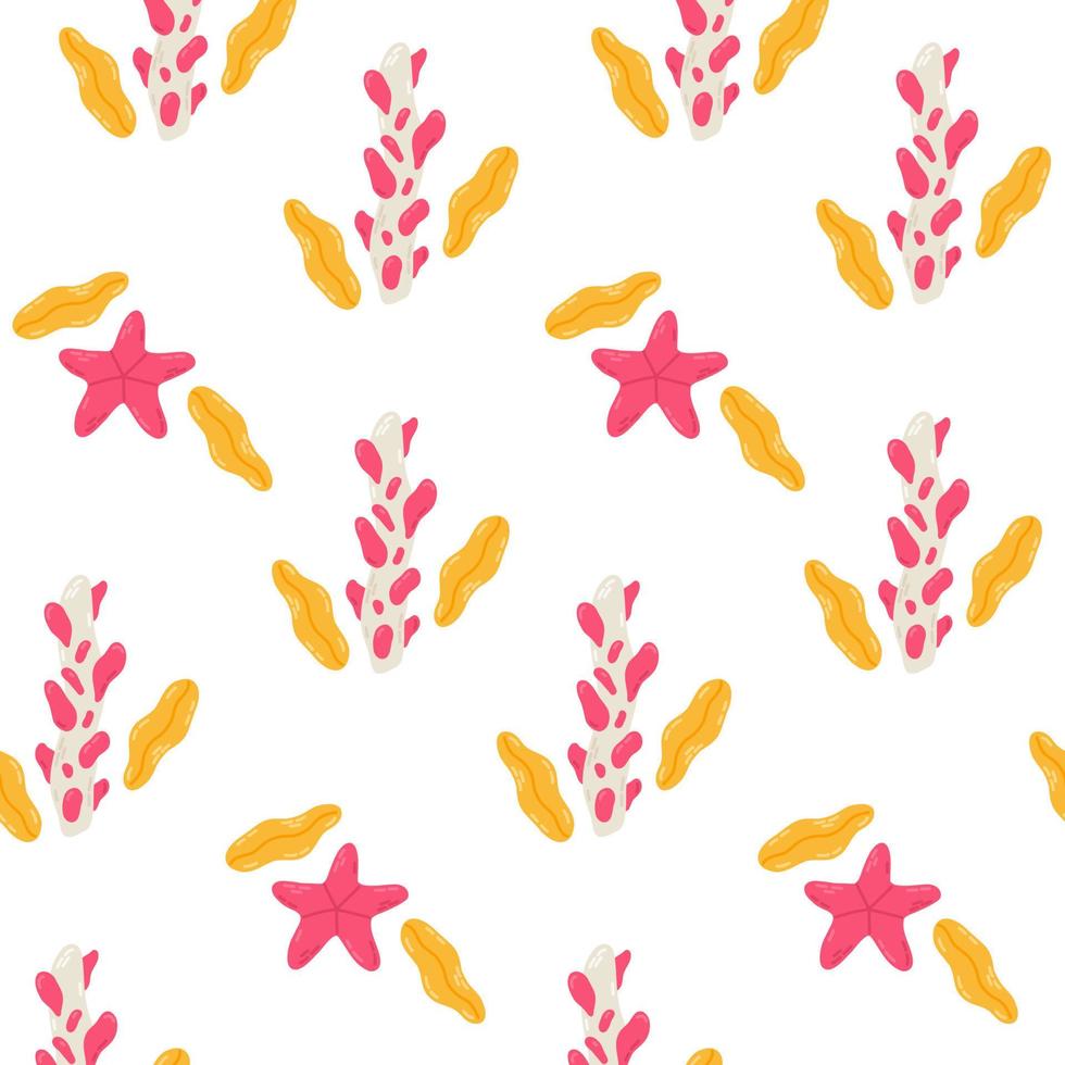 Summer marine pattern with cute corals, leaves, shells and starfish. Hand drawn flat cartoon elements. Vector illustration