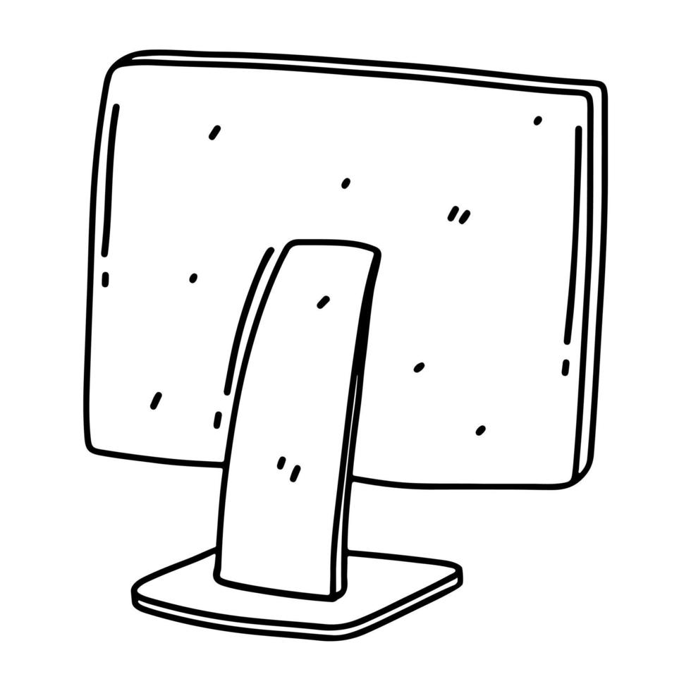 Desktop computer monitor back view in hand drawn doodle style. Vector illustration isolated on white background.