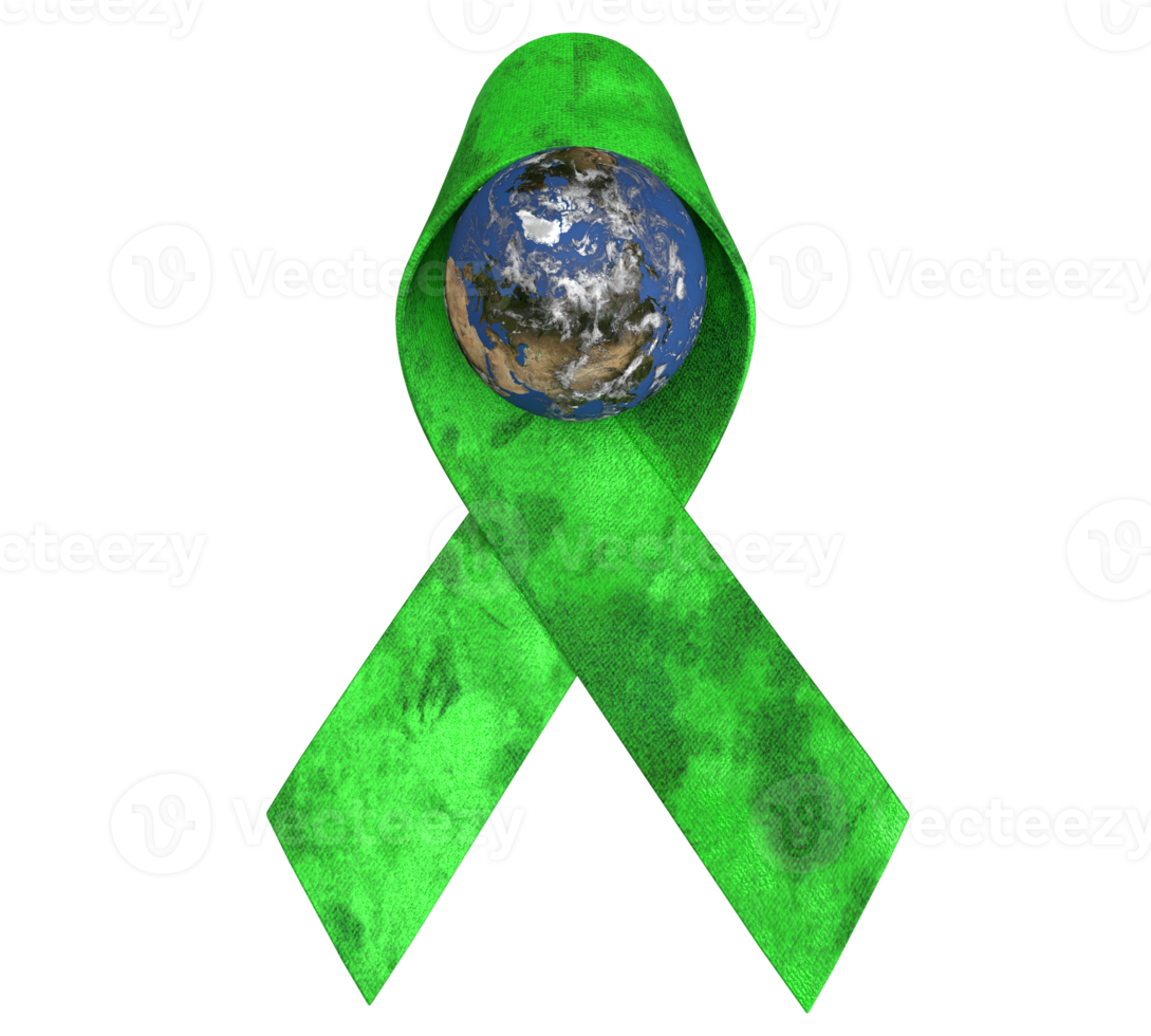 cinta verde tierra mundo planeta global mapa símbolo mundo Arte día verde energía poder color natural ambiente conciencia salud cuidado médico Campaña apoyo ayuda esperanza enfermedad internacional.3d hacer png