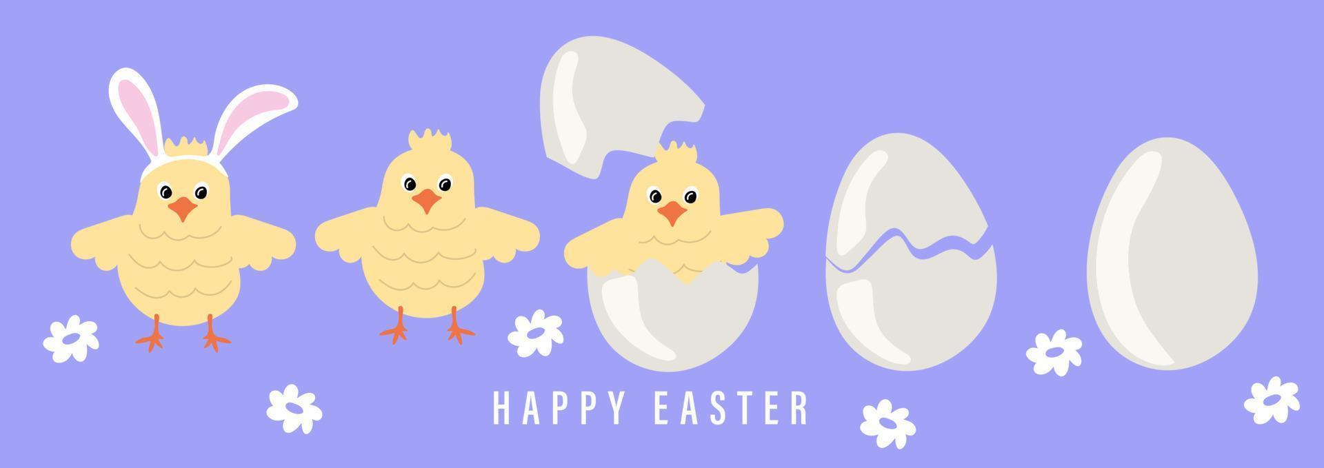 Easter chick. Cute Chicken cracking from egg shell wearing easter bunny ears. Vector illustration