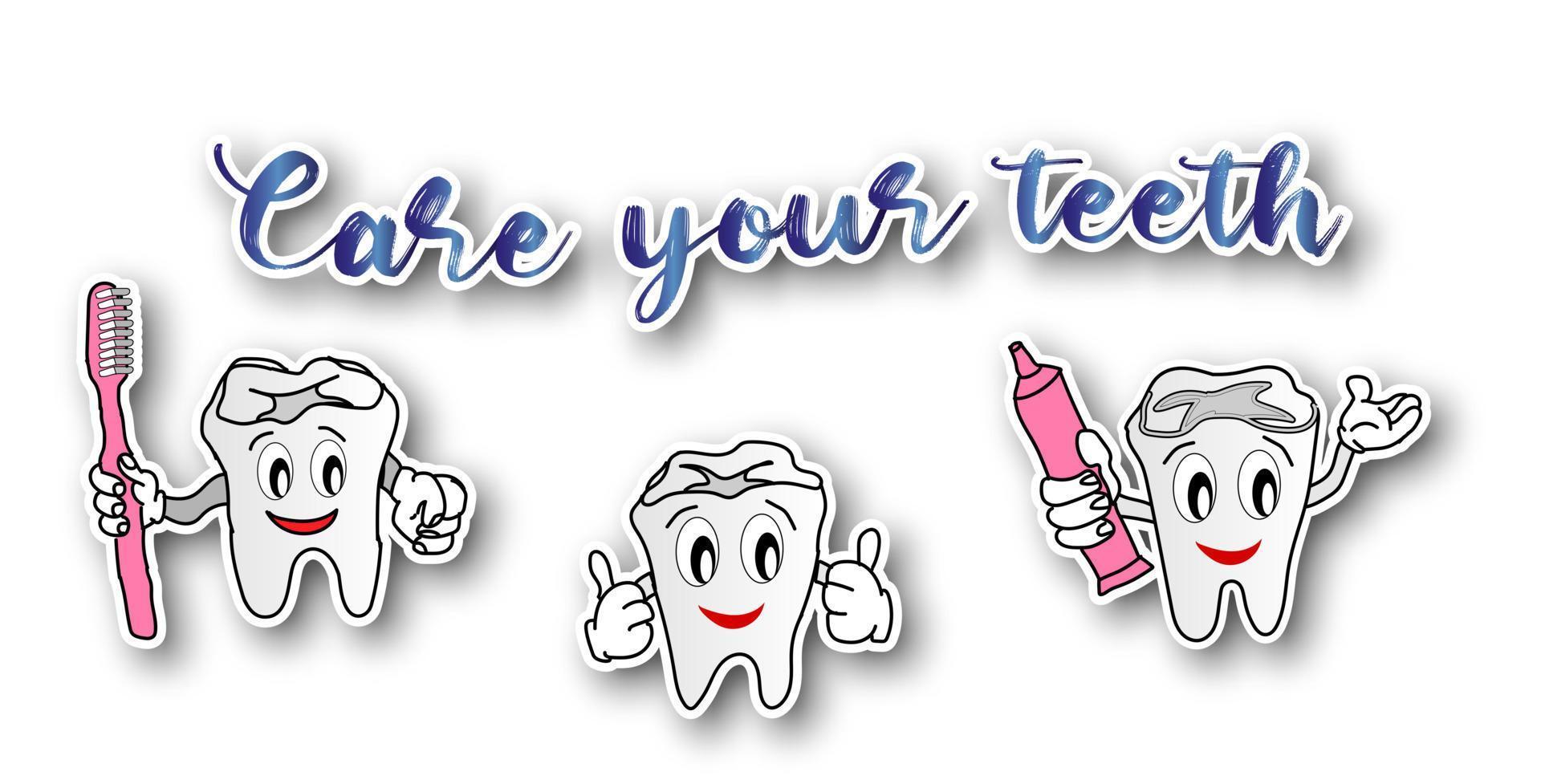 Set of stickers with funny little teeth with a toothbrush and toothpaste vector