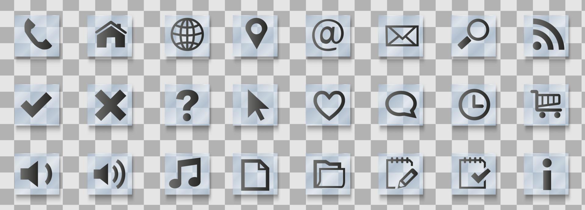 Set of transparent glass icons for websites and applications vector