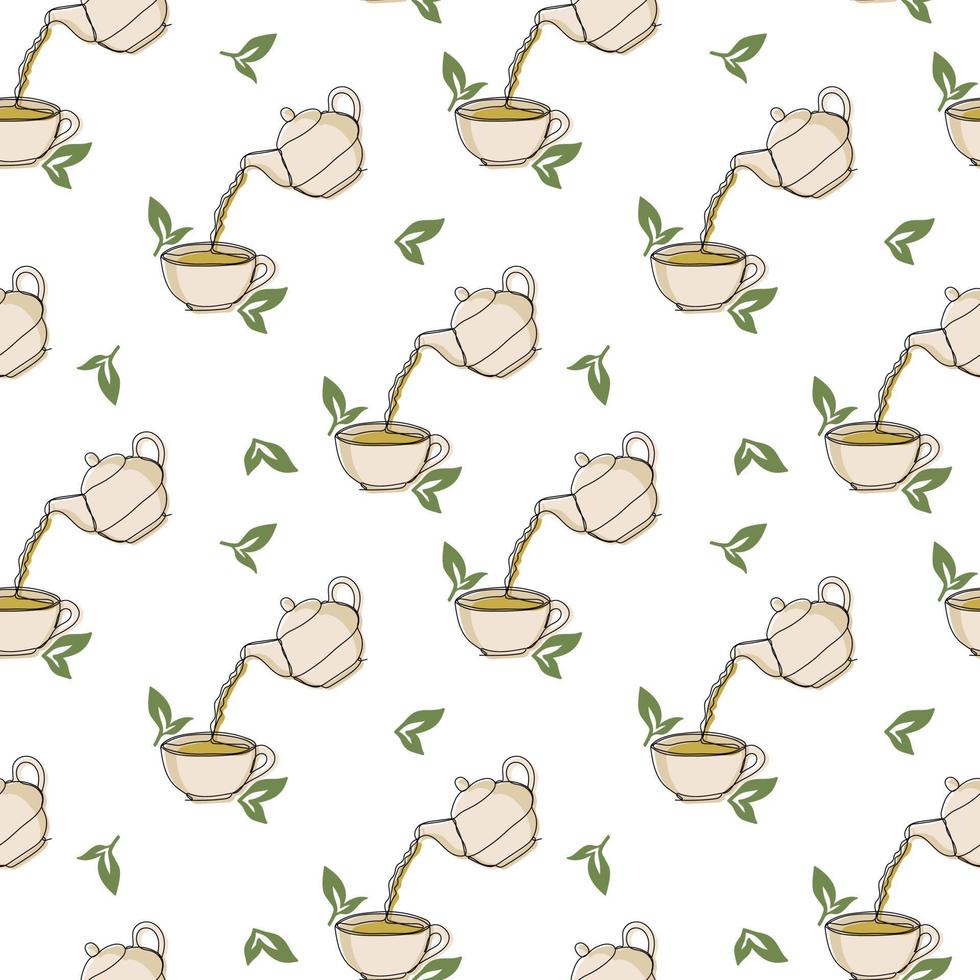 Seamless pattern with cup of green tea, tea pot and tea leaves on white background vector
