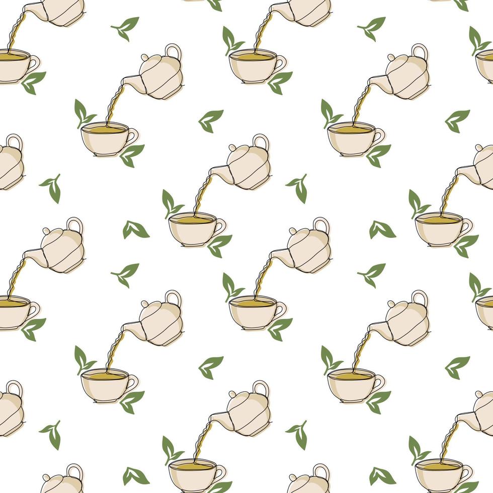 Seamless pattern with cup of green tea, tea pot and tea leaves on white background vector