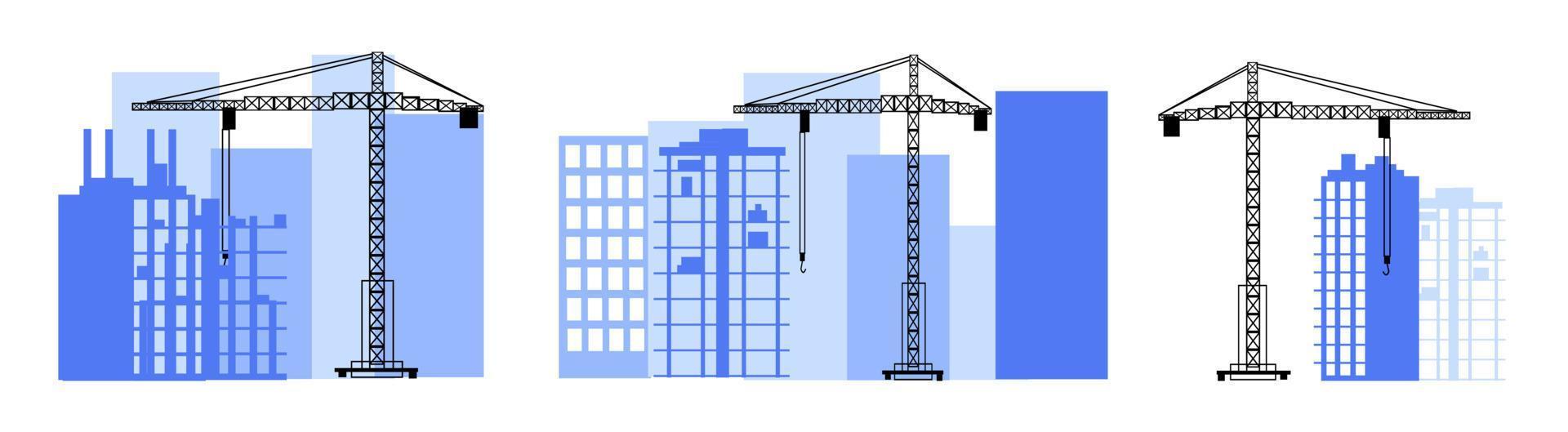 Construction and tower cranes. Construction site. Set of vector illustration