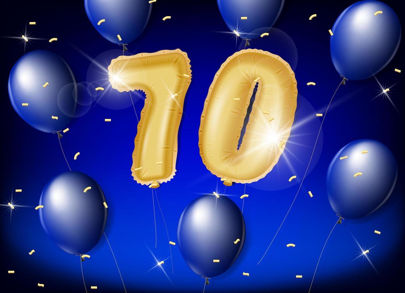 Celebrating 70 years with gold and blue balloons and glitter confetti on a blue background. 3d Vector design for celebrations, invitation cards and greeting cards.