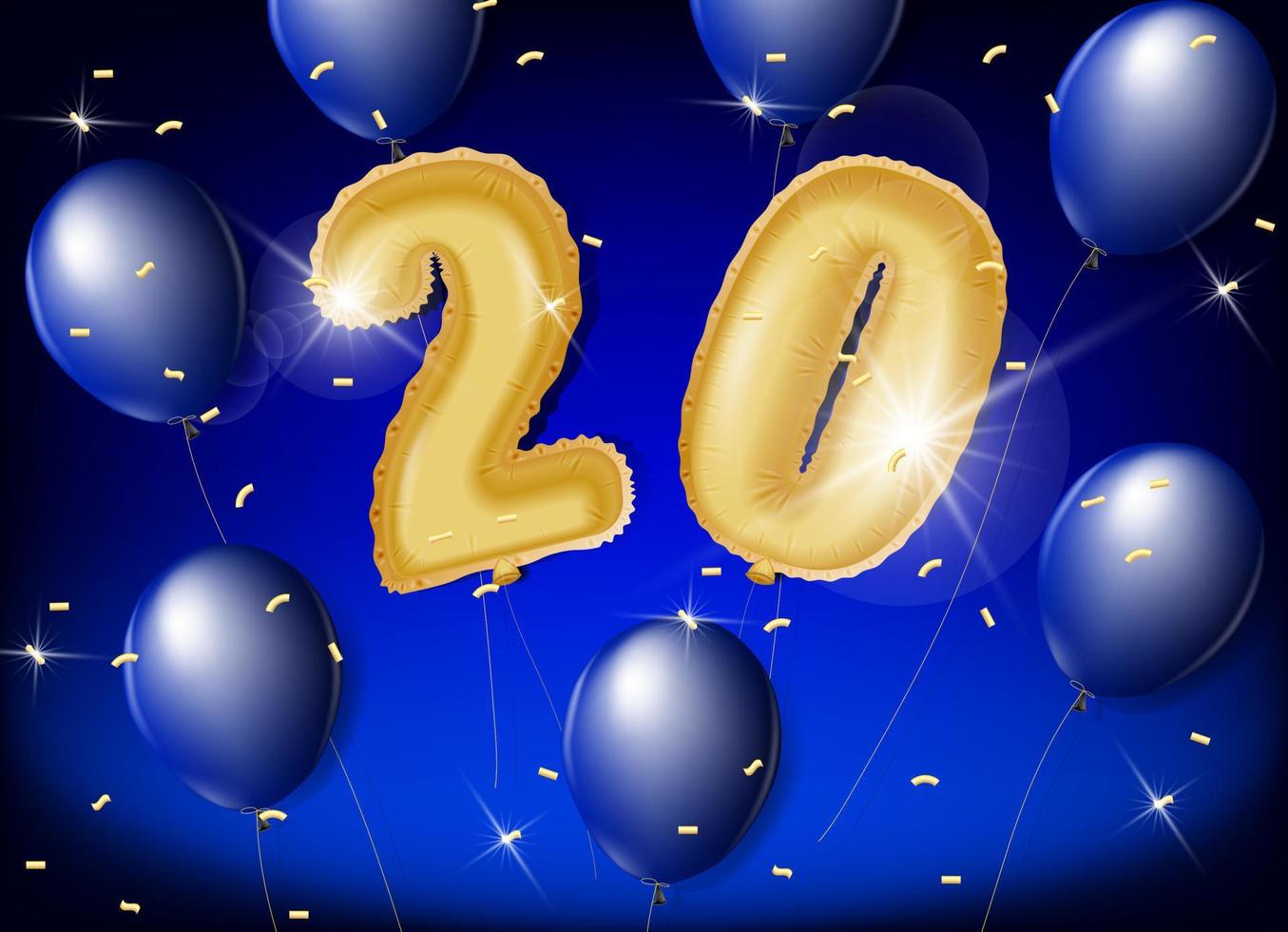 Celebrating 20 years with gold and blue balloons and glitter confetti on a blue background. Vector design for celebrations, invitation cards and greeting cards.