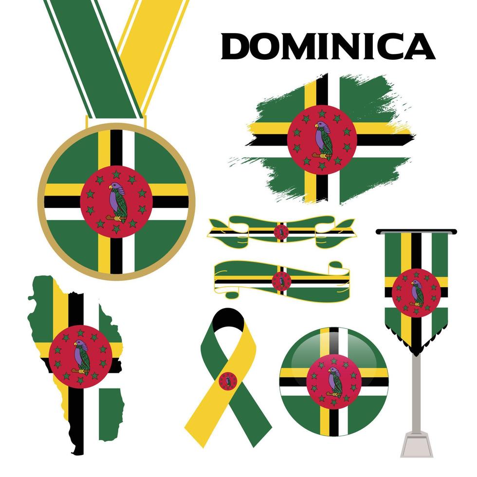 Elements Collection With The Flag of Dominica Design Template. Dominica Flag, Ribbons, Medal, Map, Grunge Texture and Button vector