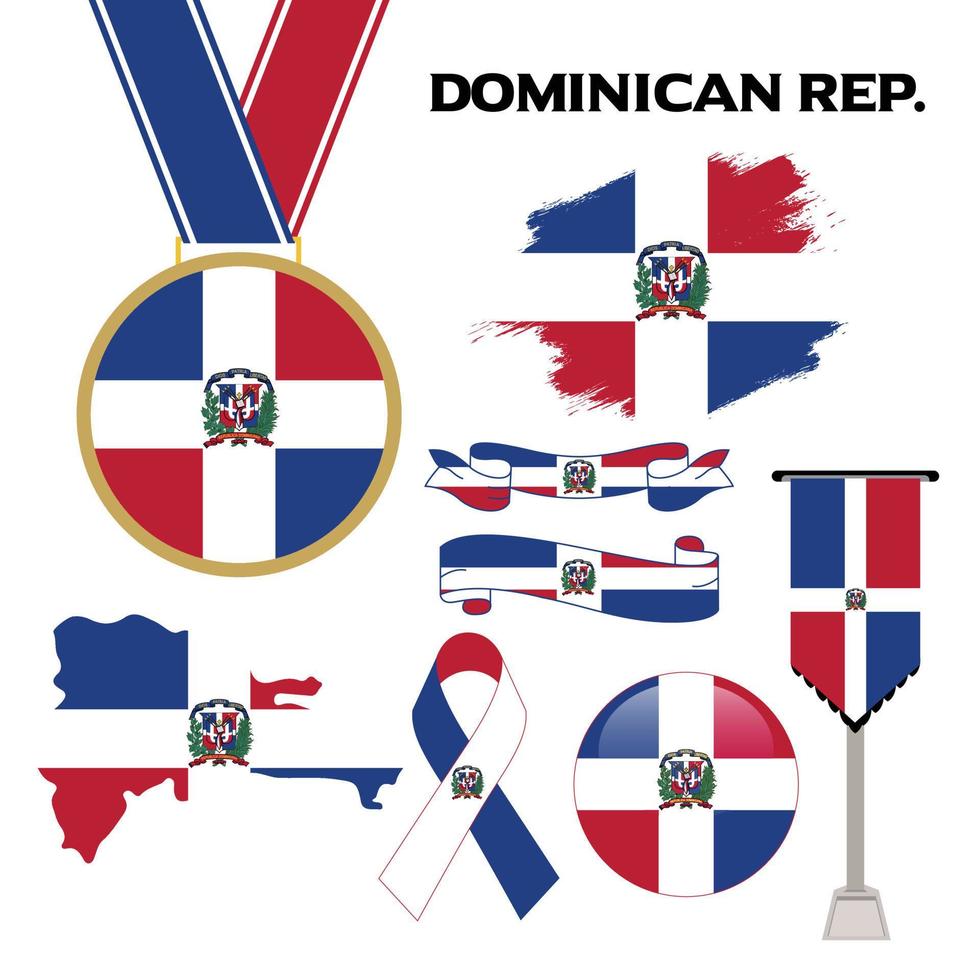 Elements Collection With The Flag of Dominican Republic Design Template. Dominican Republic Flag, Ribbons, Medal, Map, Grunge Texture and Button vector
