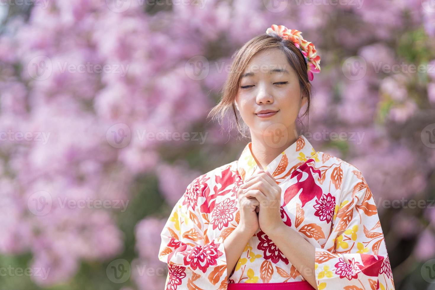 Japanese woman in traditional kimono dress is making a new year wish for good fortune while walking in the park at cherry blossom tree during spring sakura festival with copy space photo