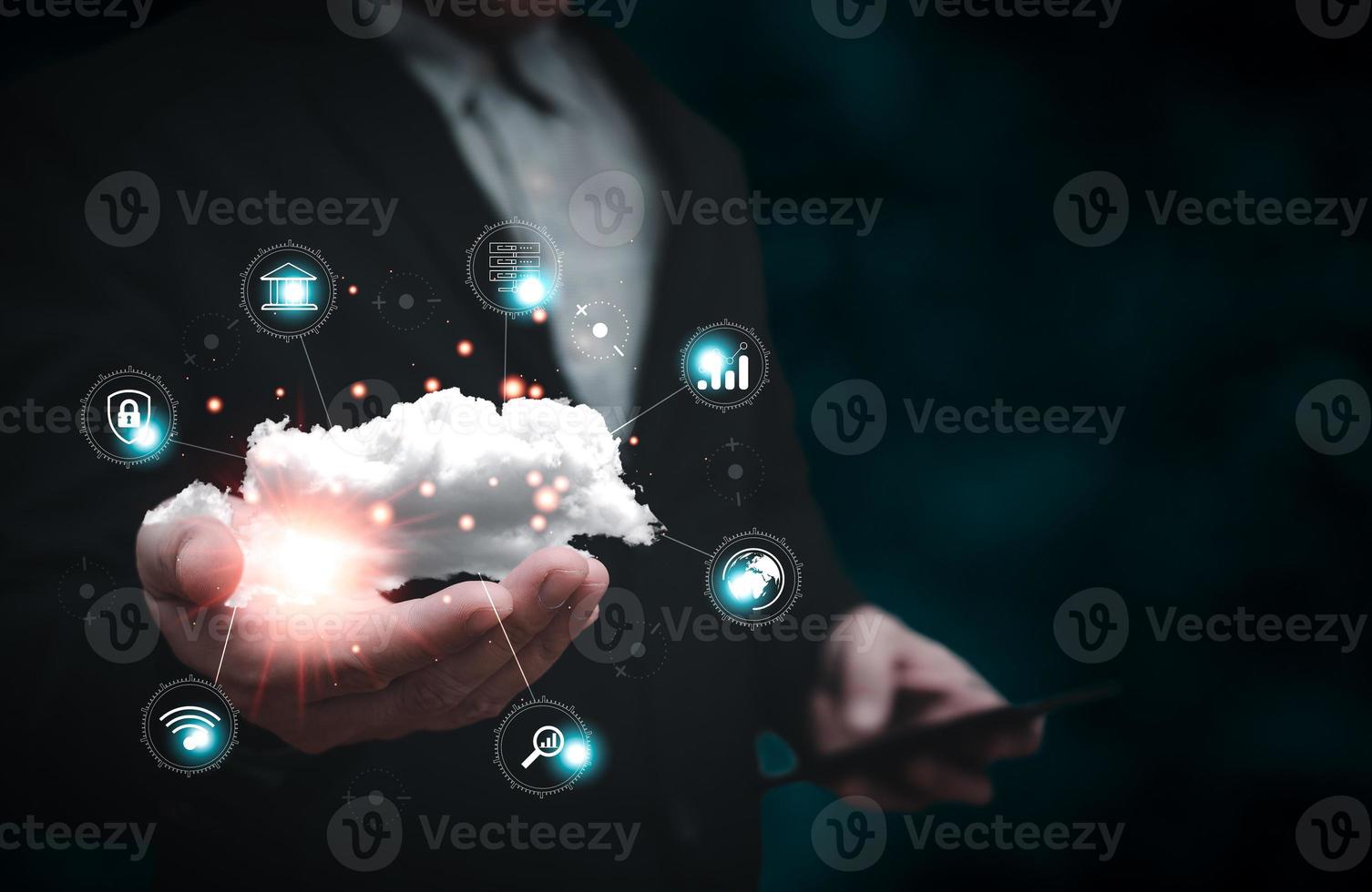 man holding cloud computing diagram show on hand. Data storage.Cloud technology.Secure backup and consistency Networking and internet service concept.Implementing storage technology in business photo