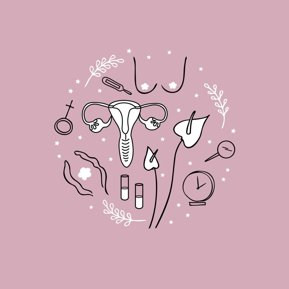 Care of the female reproductive system. Breast, uterus, flowers. Women's health, fertility. Female ovaries, symbol of the vagina. Female menopause. Gynecology. Anatomical female organs. Illustration vector