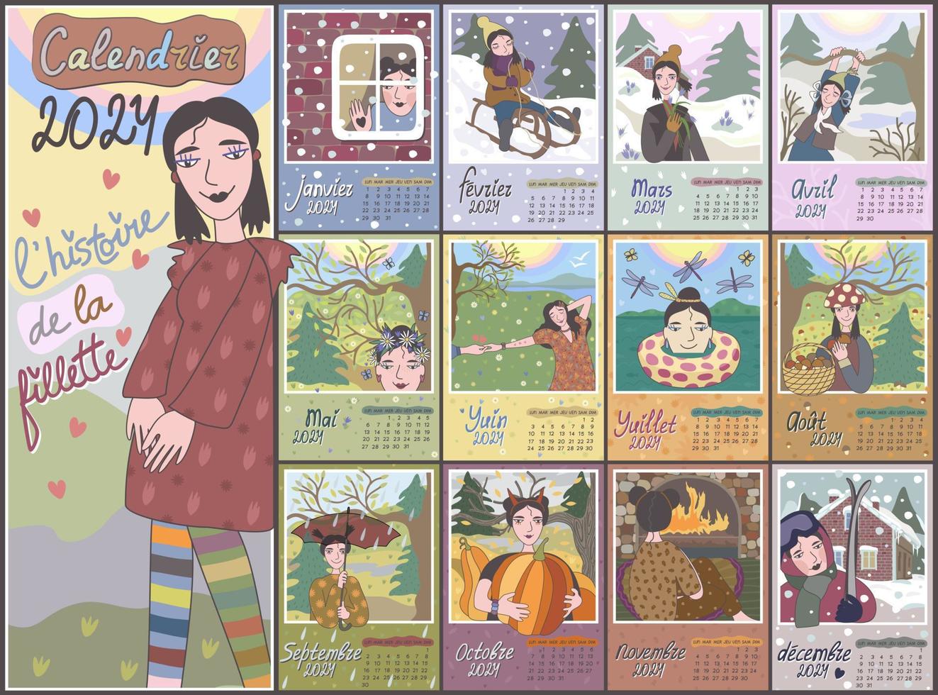 Calendar 2024 in french language. Colorful monthly calendar with cute little girl in different situations. Cover and 12 monthly pages. Week starts on Monday, vector illustration.