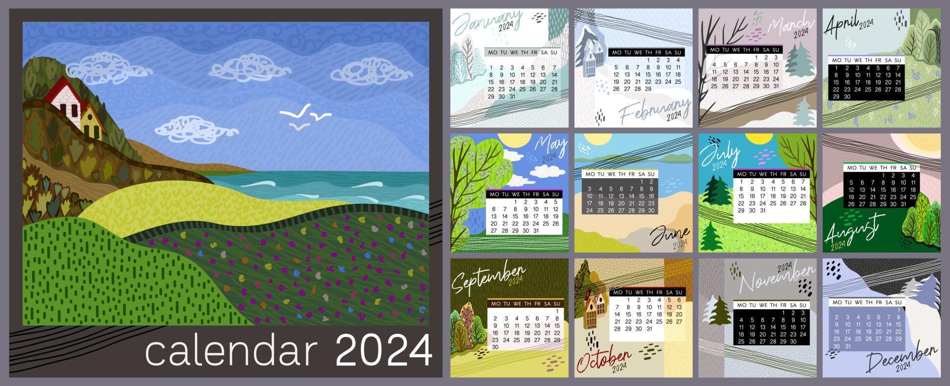 Calendar 2024. Colorful monthly calendar with various landscapes. Week starts on Monday. vector