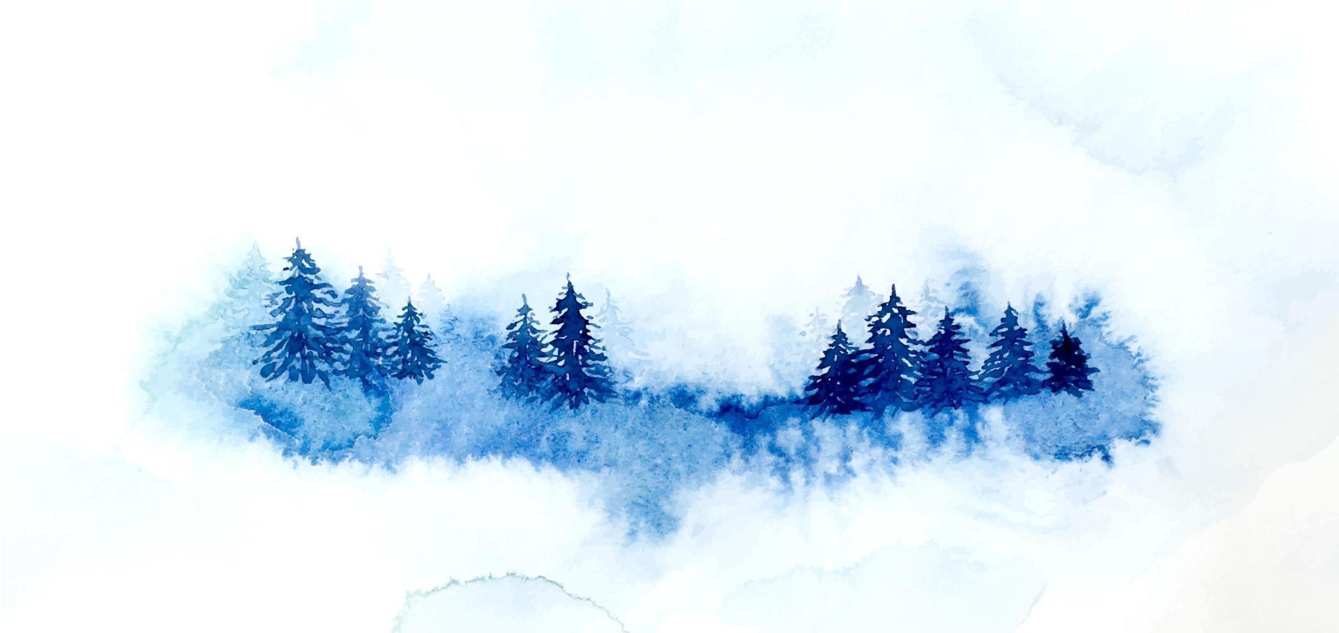 Watercolor spruce in the fog. Watercolor mist forest landscape in blue colors. vector