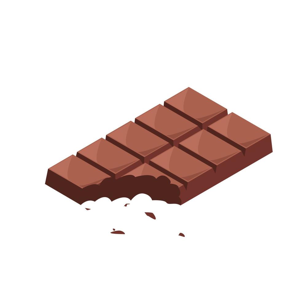 Bitten dark chocolate bar or milk chocolate bar vector illustration isolated on white background. Half eaten square brown chocolate in isometric style vector design. Brown chocolate 3d vector cartoon
