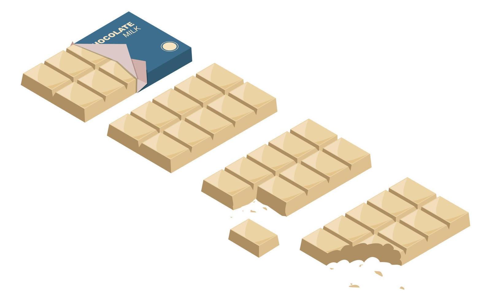 Milk chocolate bar vector set. Set of different unwrapped square milk chocolate or white chocolate bars and slices isometric style vector design. White chocolate 3d vector cartoon