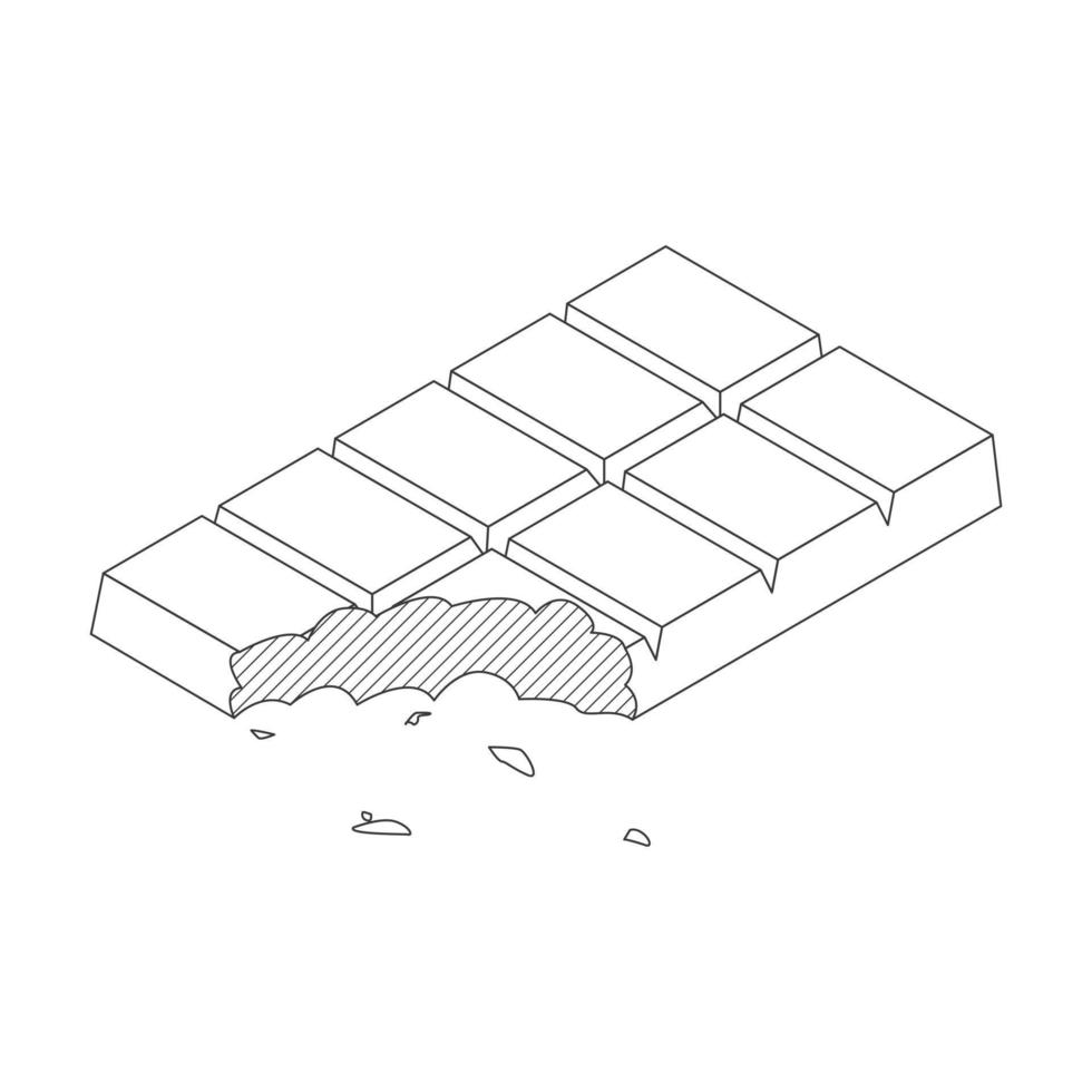 Half eaten chocolate bar outline vector illustration drawing on white background. Bitten square chocolate bar vector design in isometric style. Chocolate bar line art . Linear stylee