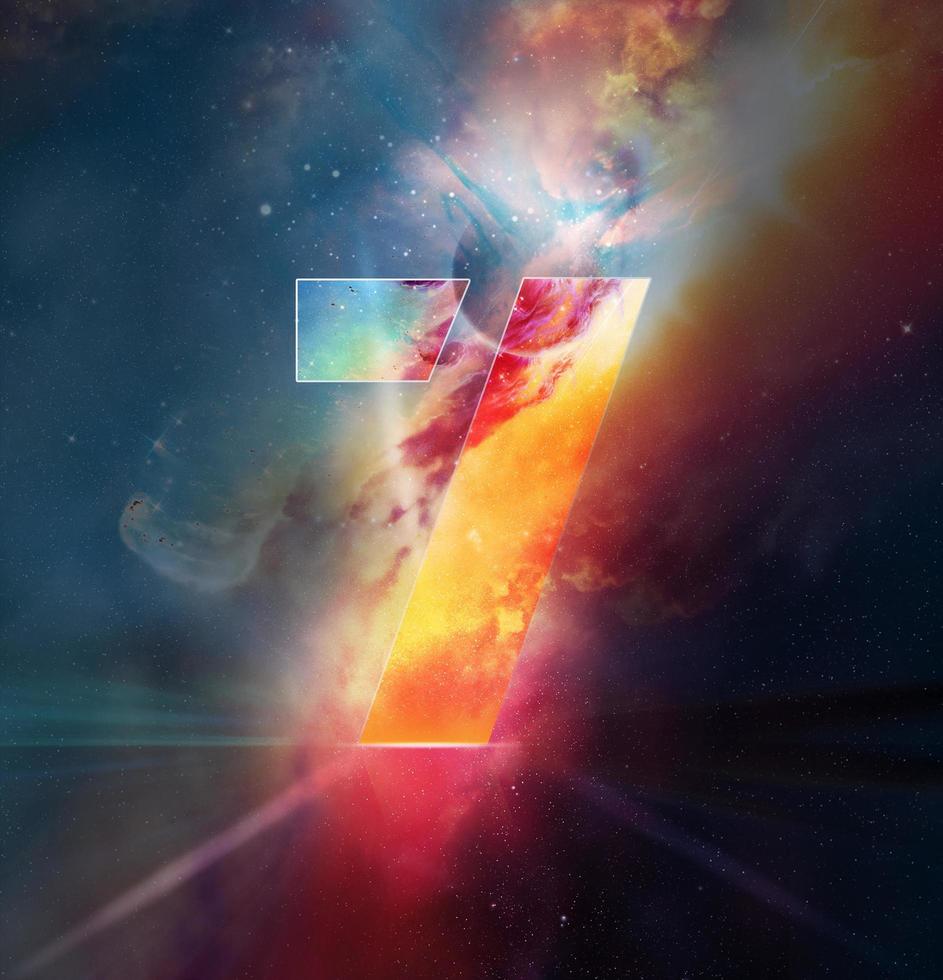 seven text background with real shining stars. Colourful galaxy backdrop. Space illustration photo