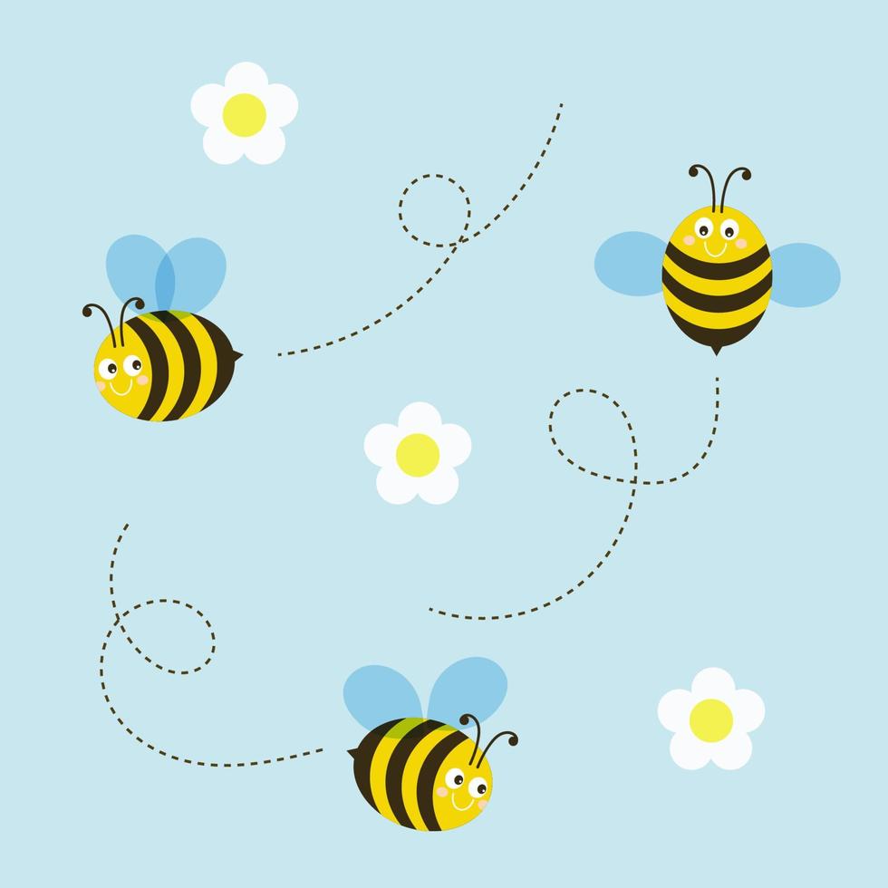 abejas volador terminado el flores plano diseño. vector ilustración.