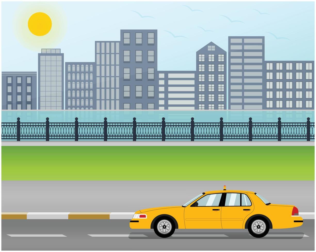 Urban Cityscape Illustration, Taxi Cab With Modern City Landscape And River Background vector