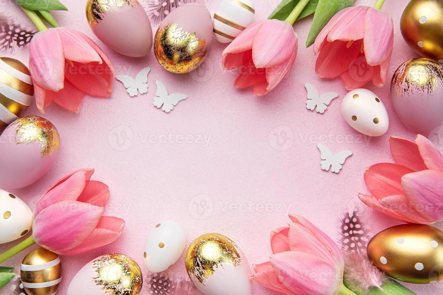 Pink tulips and Easter eggs background photo