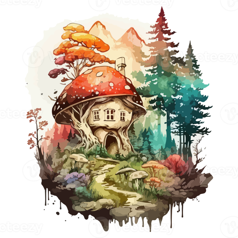 Watercolor painting of a mushroom house png