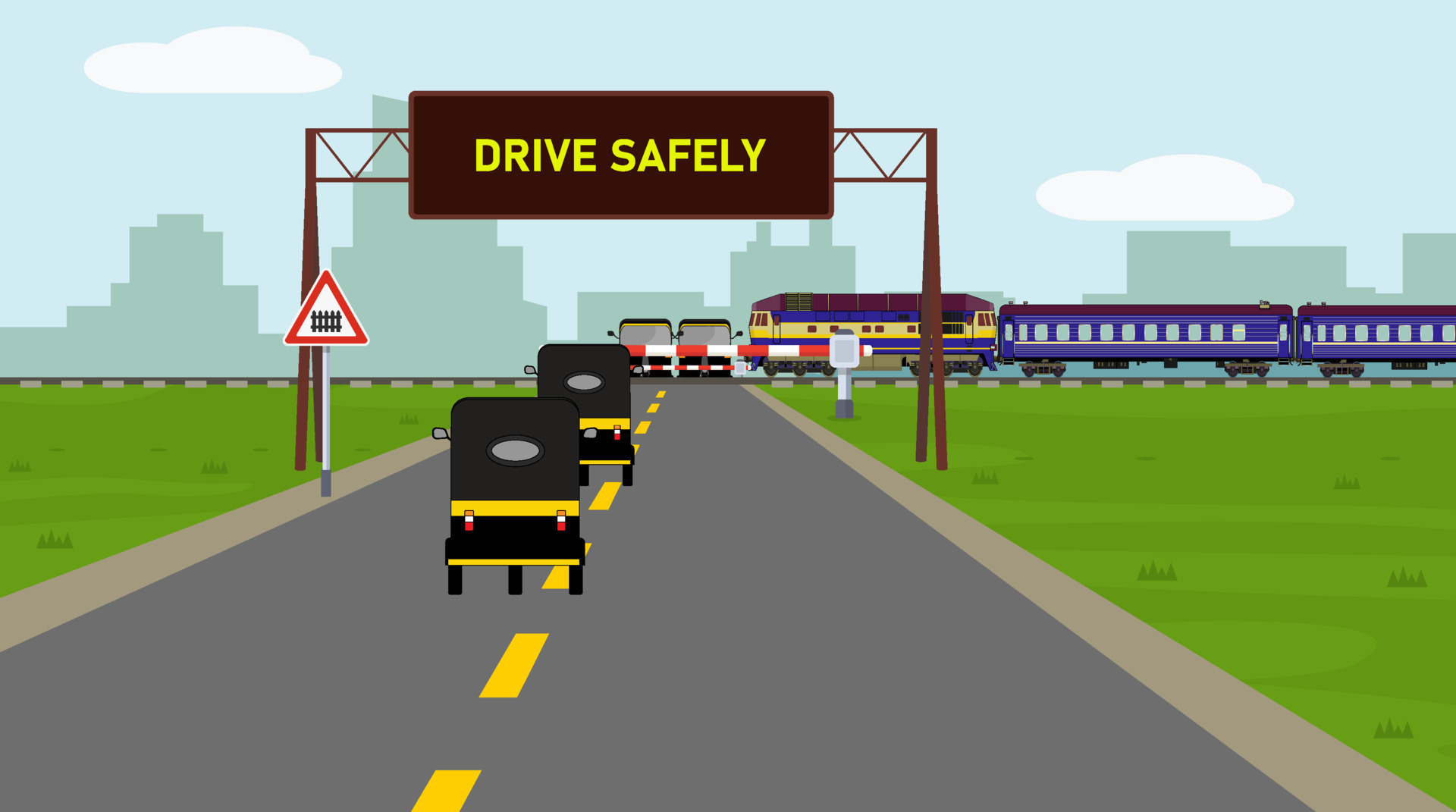 Road scene a train is passing and some vehicle is waiting. 21182329