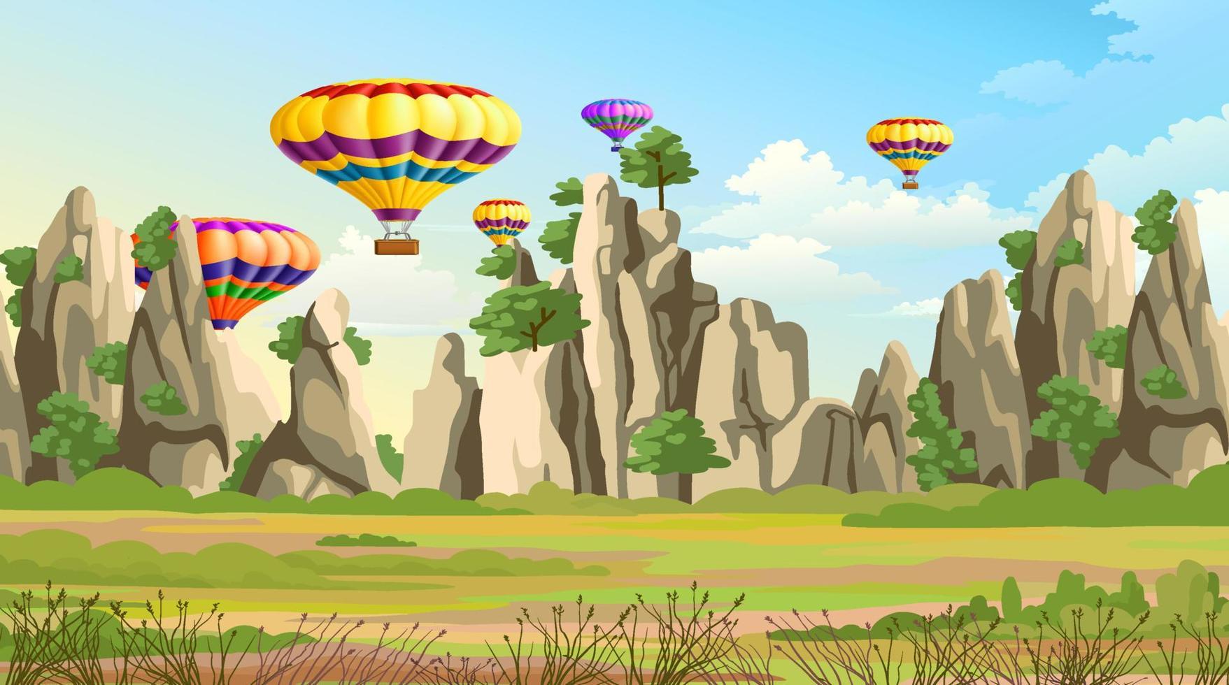 Nature scene with balloons and hill tracks. vector