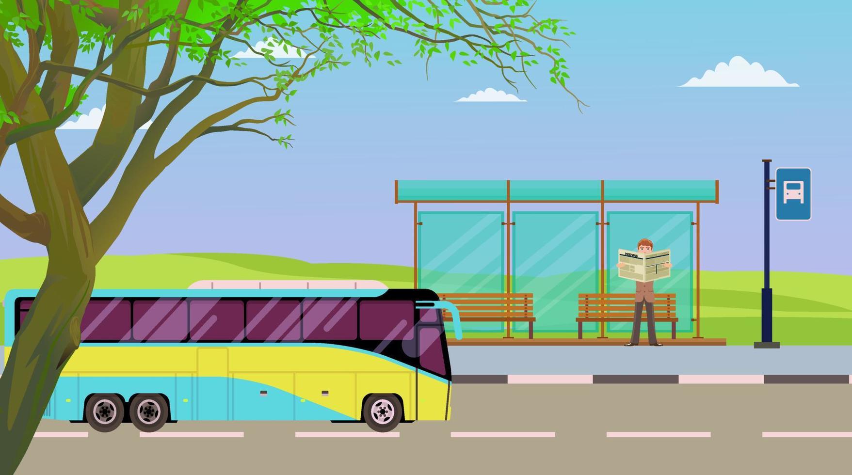 Road scene and bus is running on the road. vector