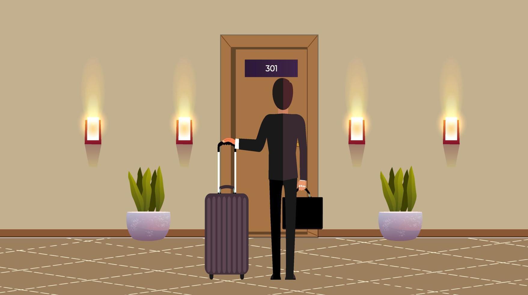 Man standing in front of hotel room. vector