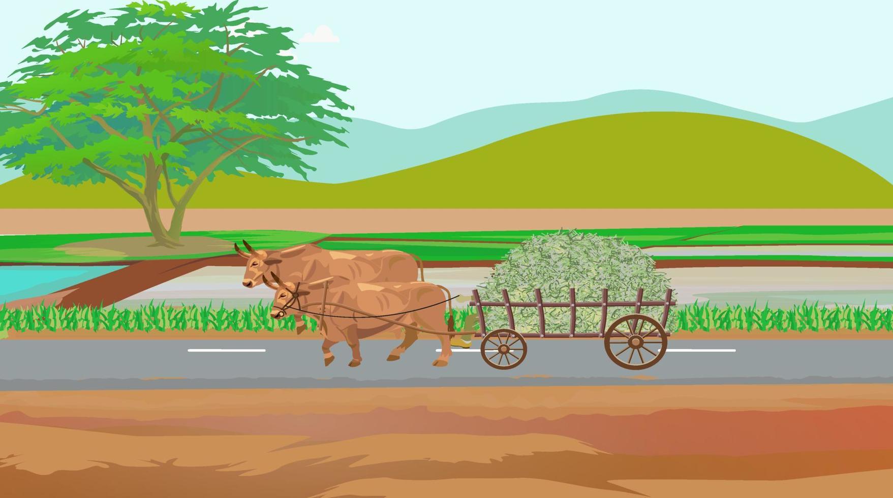 Village natural scene and a cow cart is running on the road. vector