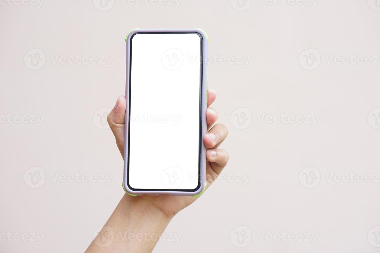 phone in human hand white screen photo