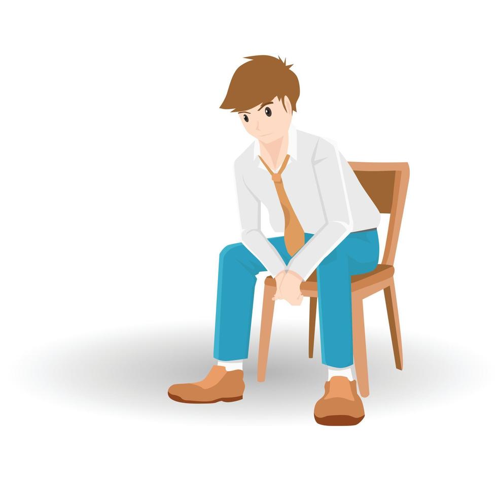 Vector or illustrator of business man in private suite. Thoughtful in white shirt and blue pants sitting on brown chair. White shadow on isolated white background.