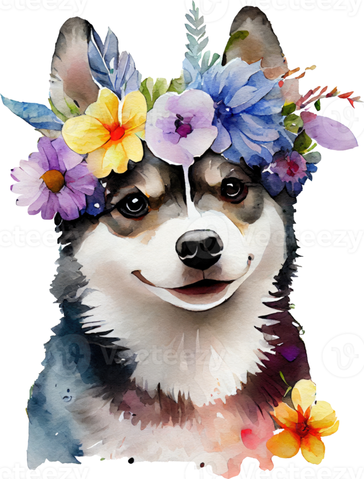 Cute Siberian Husky Dog Flowers Watercolor Illustration png