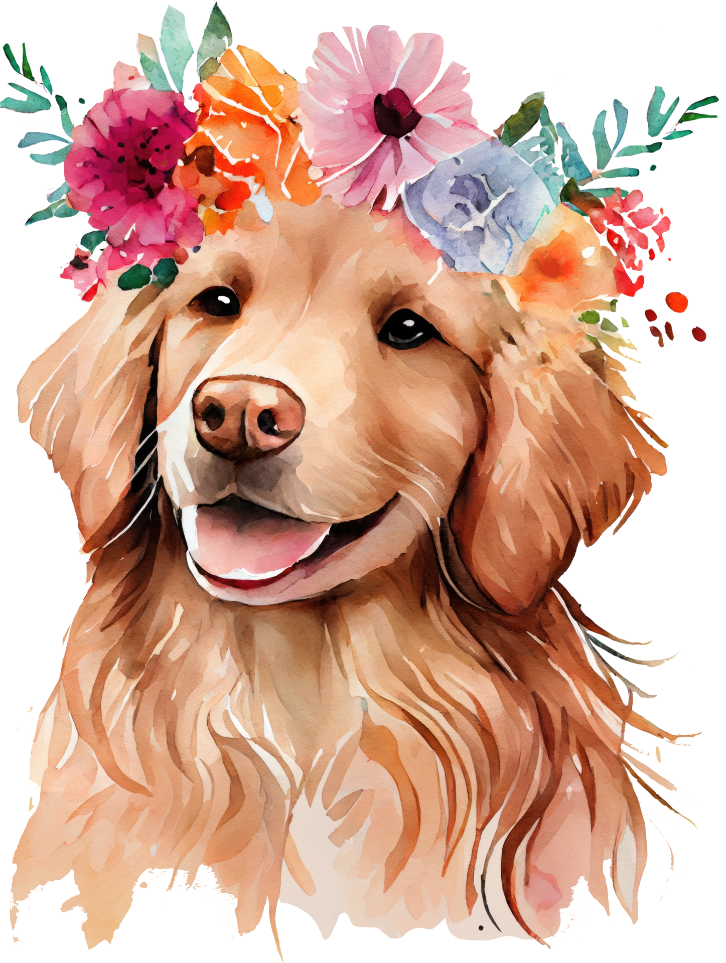 Cute Golden Retriever Dog Flowers Watercolor Illustration 21183334 PNG