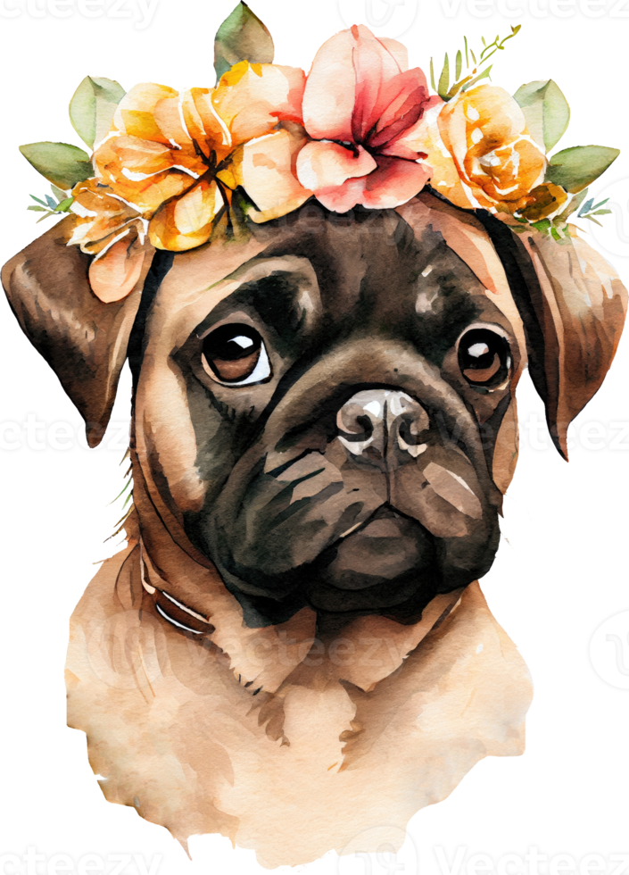 fofa pug cachorro flores aguarela ilustração png